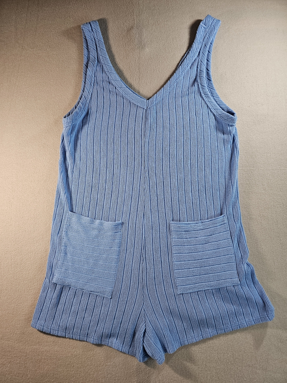 Molly Green Light Blue Ribbed Knit Romper with Front Pockets Size M